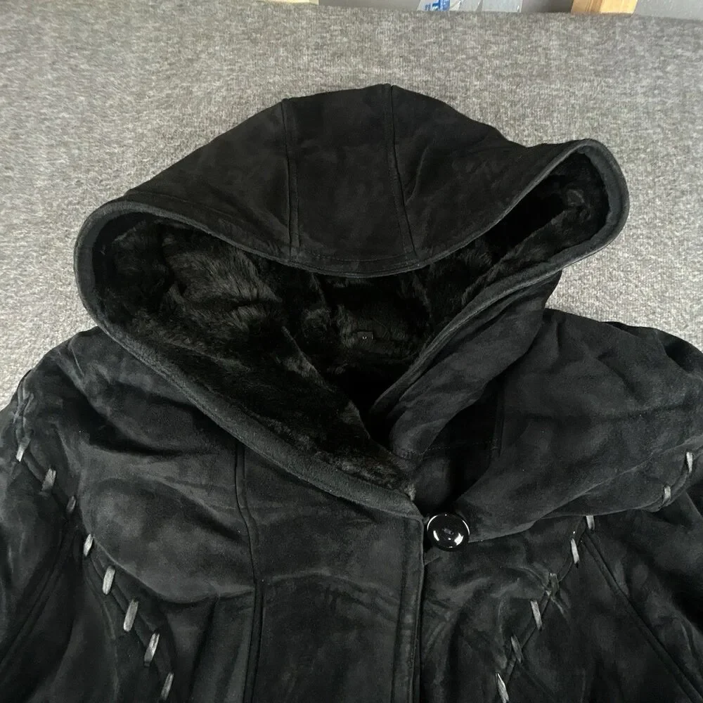 Gallery Genuine Suede Leather Coat Womens Sz M Black Faux Fur Lining & Trim Warm - Picture 6 of 12